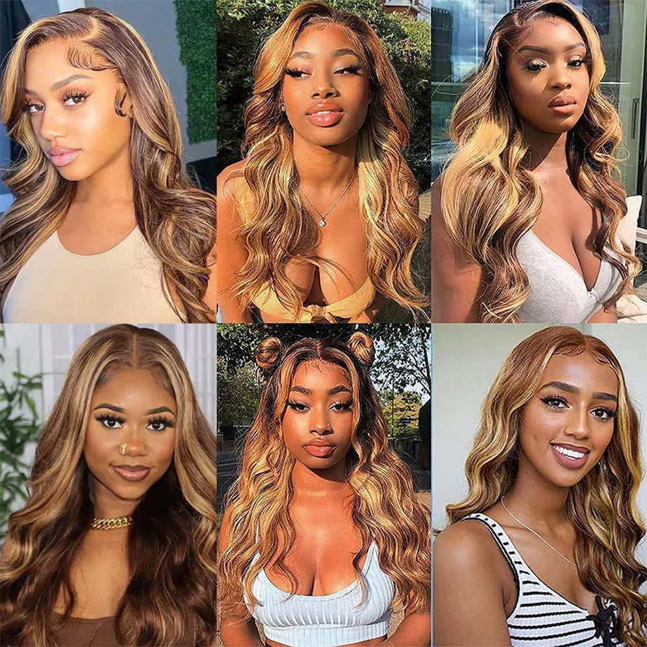 30 Inch Colored Highlight Human Hair Wigs Brazilian Glueless Body Wave Lace Front Wig For Women 13x4 Hd Transparent Loose Wave