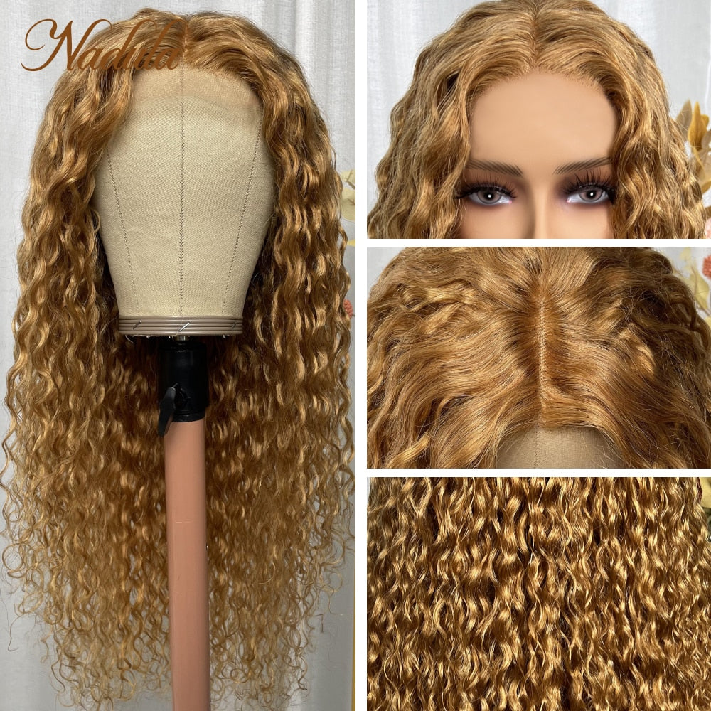 Nadula Hair Honey Blonde Water Wave Lace Front Human Hair Wig 13x4 Lace Frontal Wig Golden Brown Water Wave Hair Wig For Women