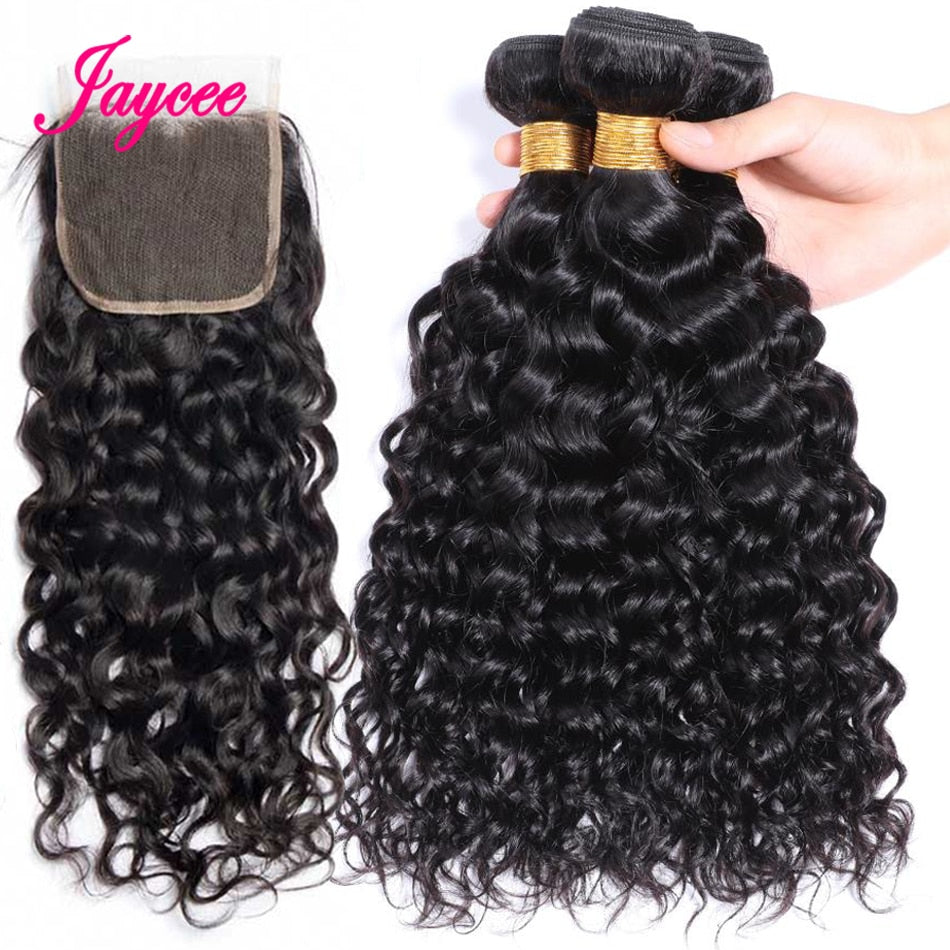 Indian Water Wave Bundles With Closure Wet and Wavy Curly Human Hair Bundles 12A Remy Hair Weave 3 Bundles With Frontal 13X4