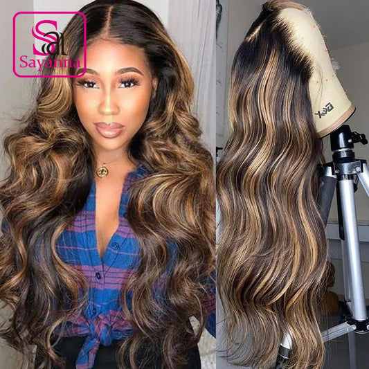 250% 13x6 HD Lace Frontal Wig Highlight Ombre Color Body Wave Honey Blonde 5x5 HD Lace Closure Wigs Pre Plucked with Baby Hair