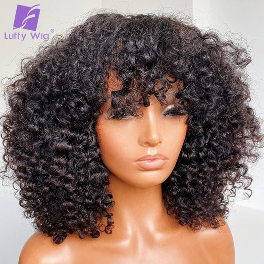 200 Density Human Hair Wigs With Bangs Short Brazilian Remy Afro Kinky Curly Wig Human Hair Glueless For Black Women Luffy