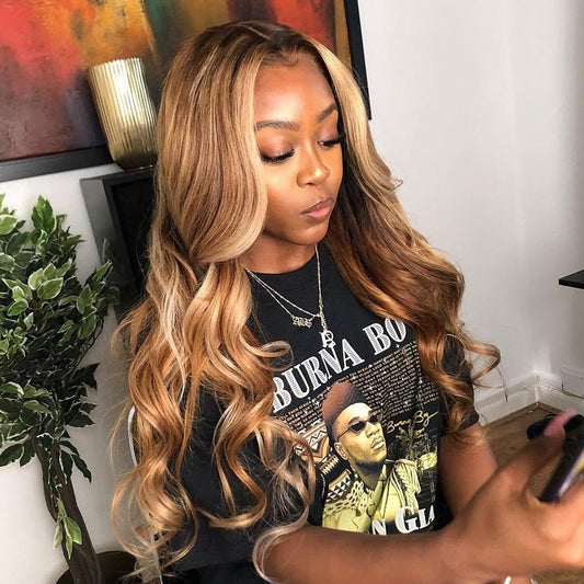 30 Inch Body Wave Wig For Black Women 13x1 Ombre Honey Blonde Brown Loose Deep Long Frontal Highlight Lace Front Human Hair Wigs