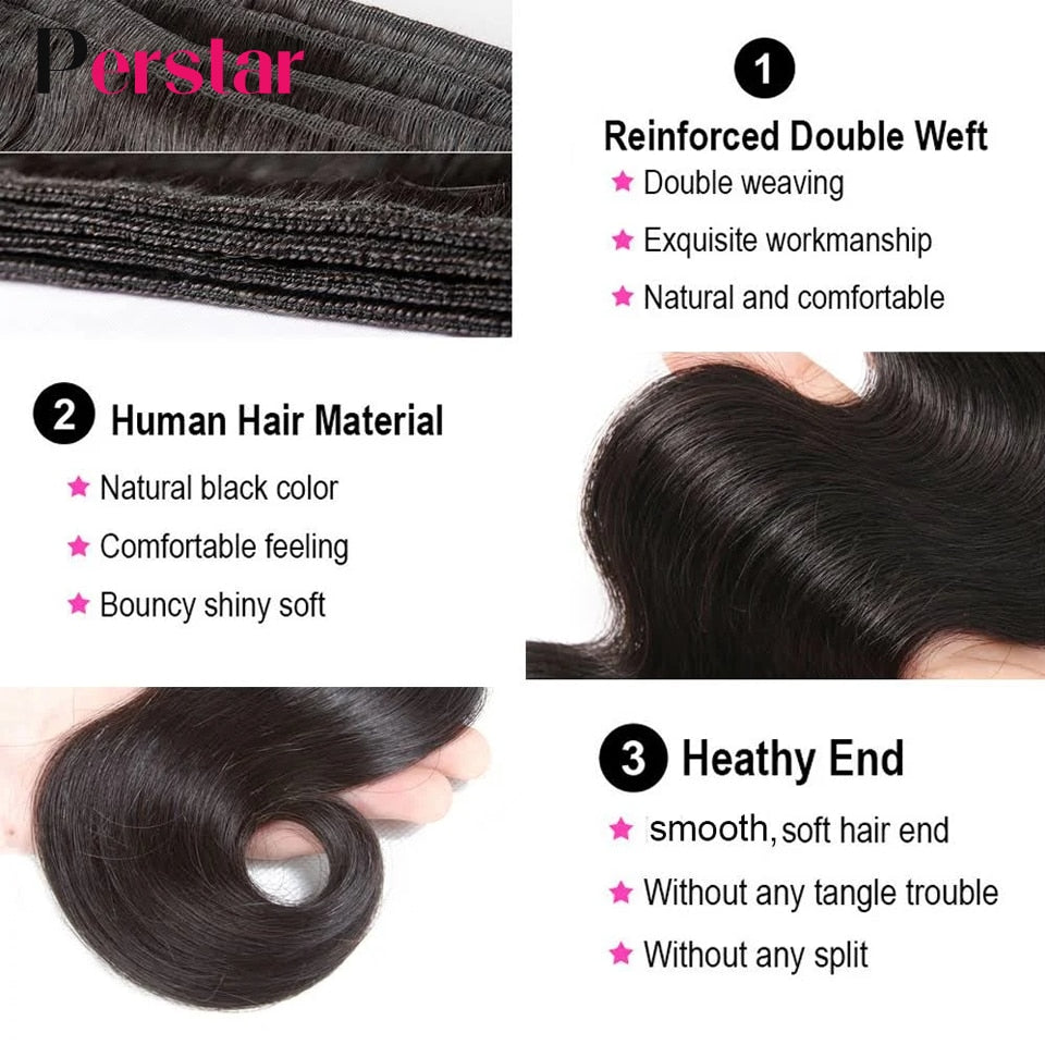 Perstar Human Hair Bundles With Closure Brazilian Body Wave Bundles With Closure Human Hair Weave Extensions 3/4 Bundles Remy