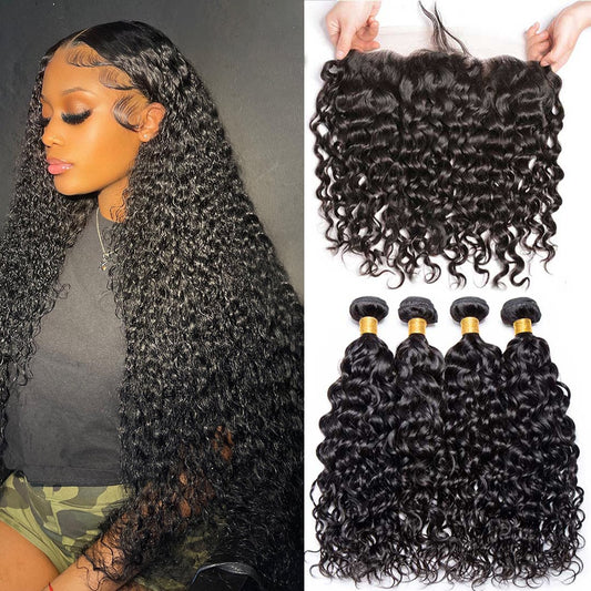 10A Peruvian Hair Bundles With Frontal Water Wave Bundles With Frontal Closure 13x4 Ear to Ear Lace Human Hair Weave Extensions
