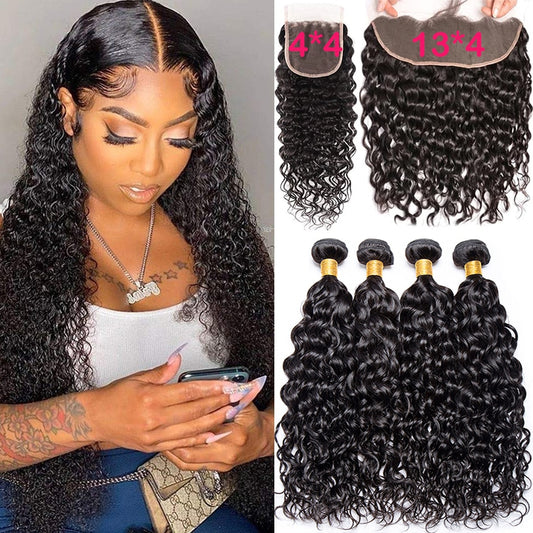 12A Water Wave Bundles With Frontal Wet and Wavy Virgin Curly Loose Deep 100% Human Hair Bundles With Closure Peruvian Hair