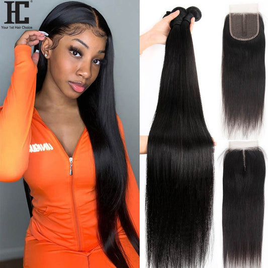 40&quot; Straight Weave Bundles With Closure 5x5 Lace Part Closure With 3 4 Bundles Brazilian 100% Human Hair Extensions With Closure